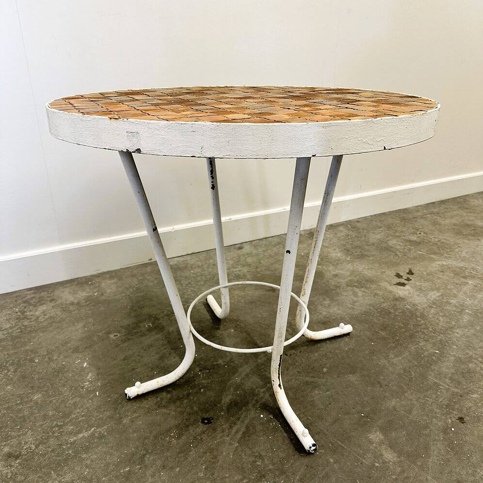 Vintage round French garden table with French "Tomettes" tiled top, 1960s