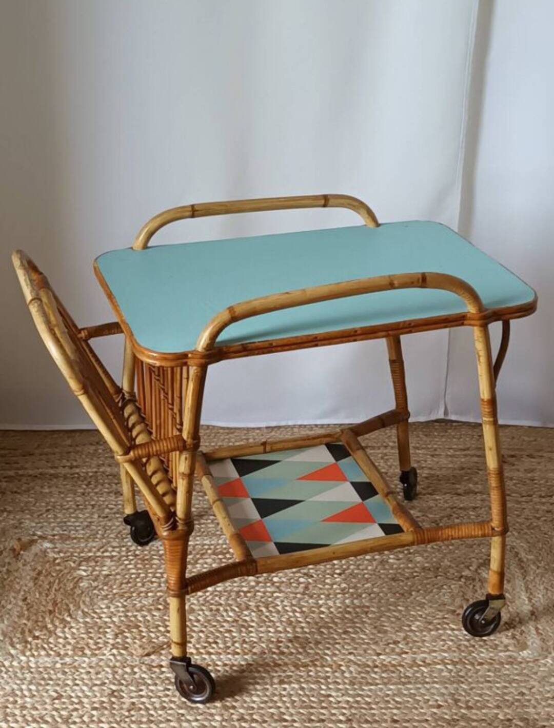 Vintage bamboo and rattan serving cart