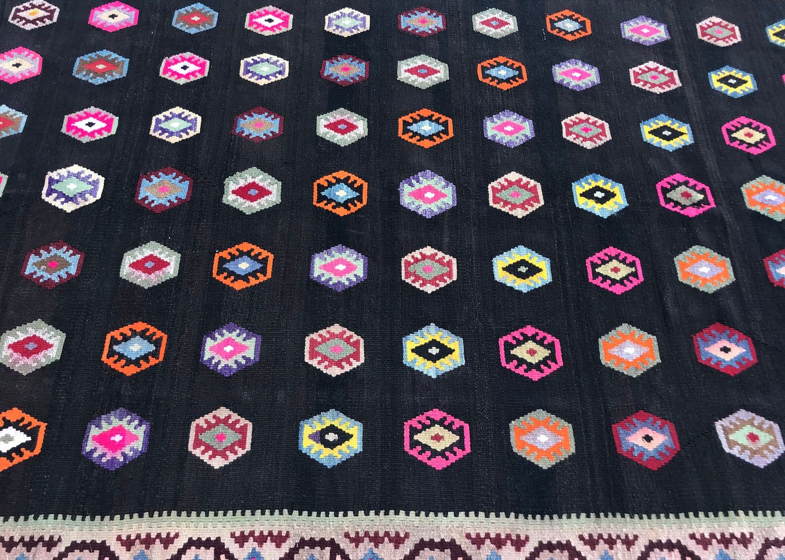 Old black anatolian oushak kilim rug with colorful patterns 305 X 173 cm