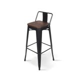 Industrial style bar chair Black metal and dark wood seat with backrest height 66cm