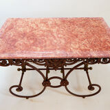 Large 19th-century French butcher's table in wrought iron and red marble