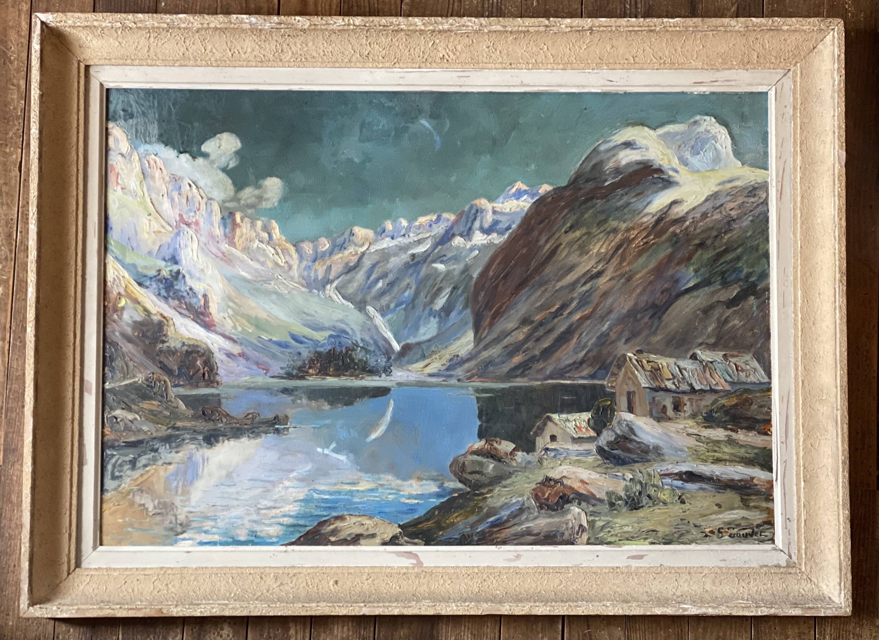Mountain painting by paul jouvet of lake lauvitel in oisans (alps)