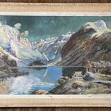Mountain painting by paul jouvet of lake lauvitel in oisans (alps)
