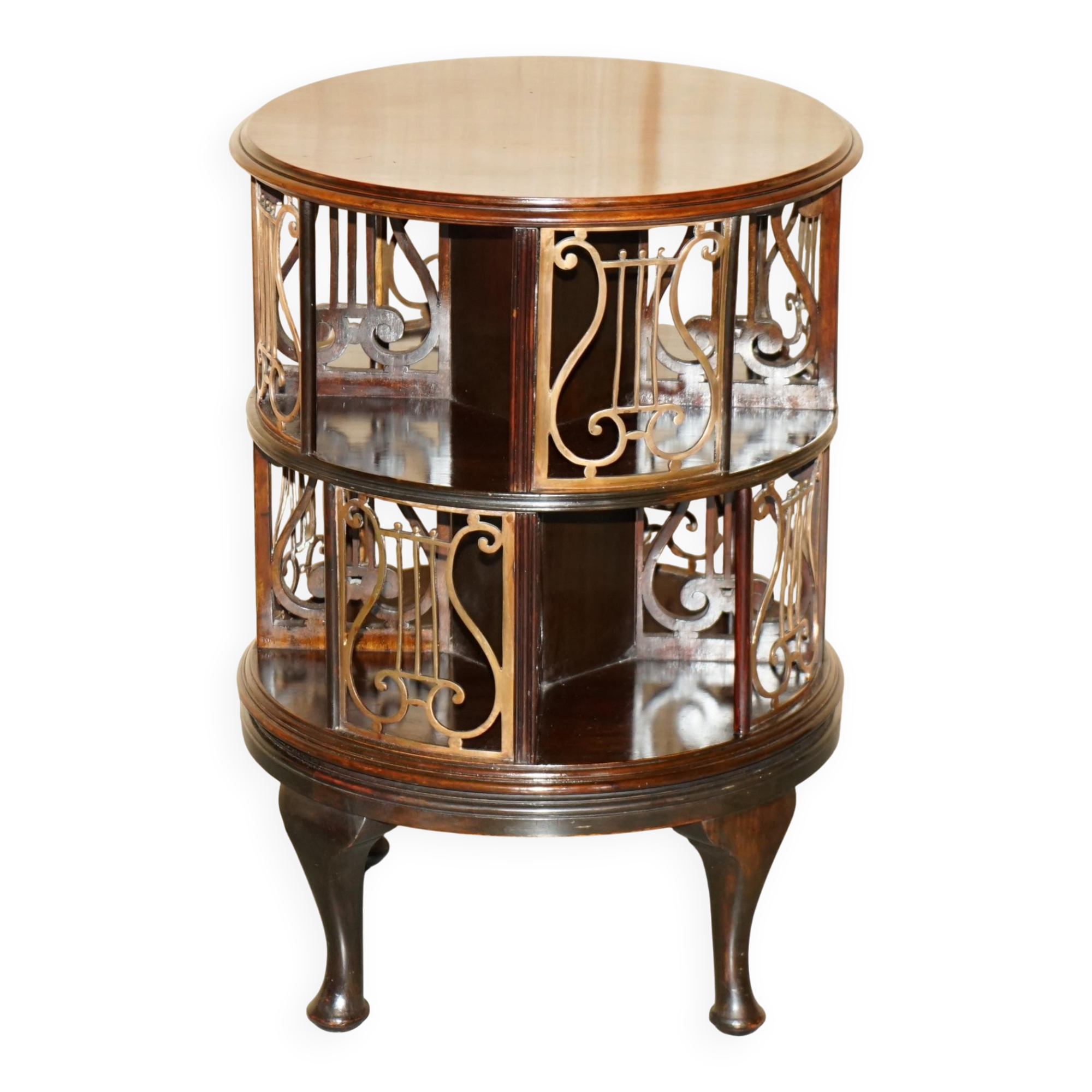 Restored Victorian library table in hardwood and brass.