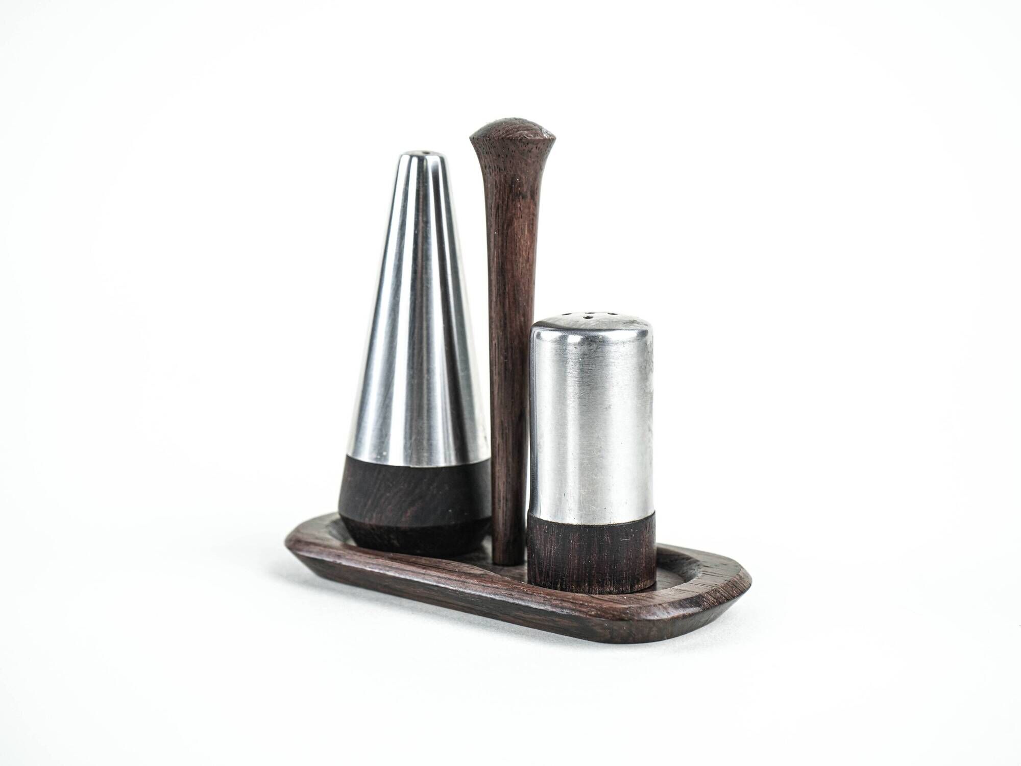 Danish salt and pepper set in wood and steel with tray, 1970s