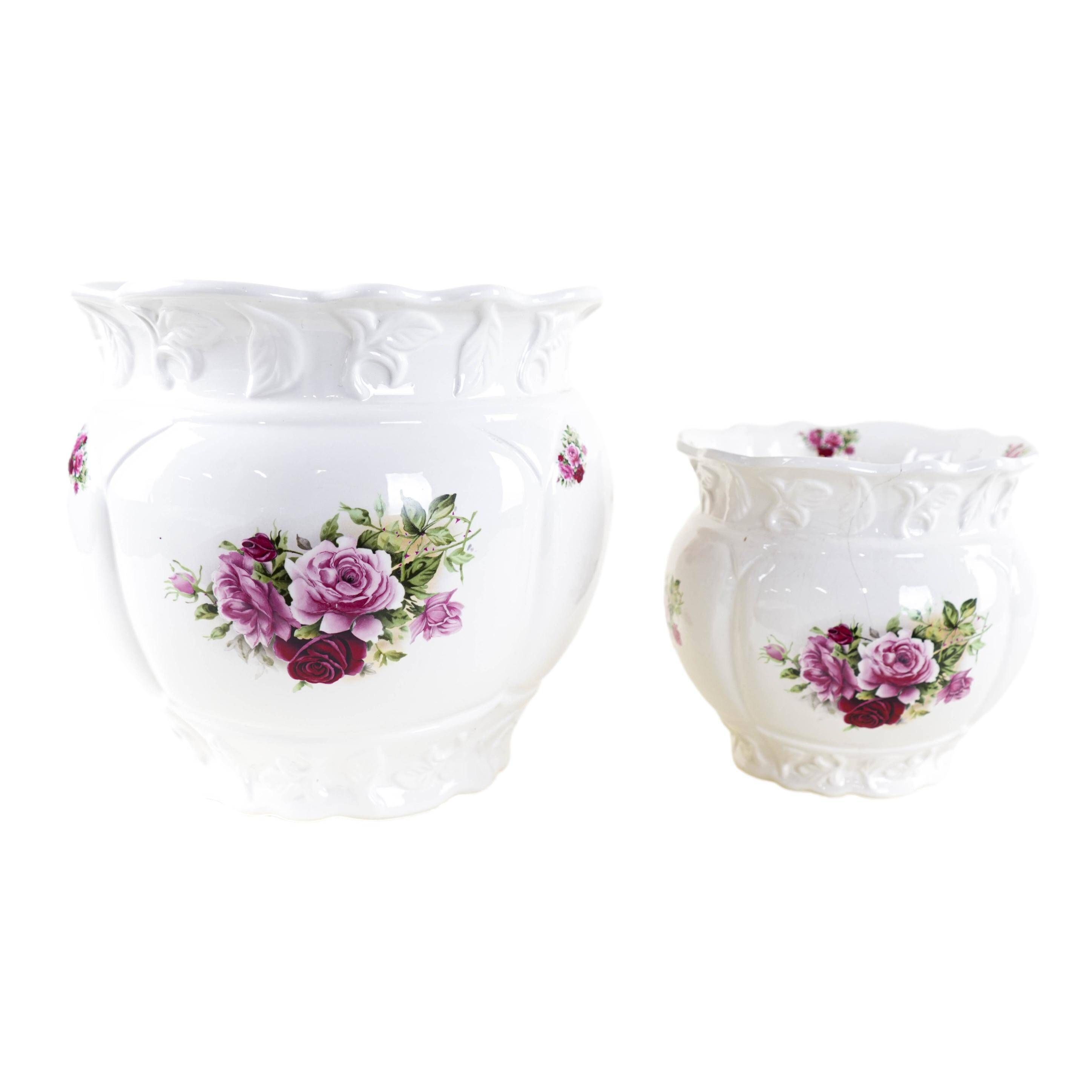 Pair of decorative ceramic vases with hand-painted roses, Art Deco style, European