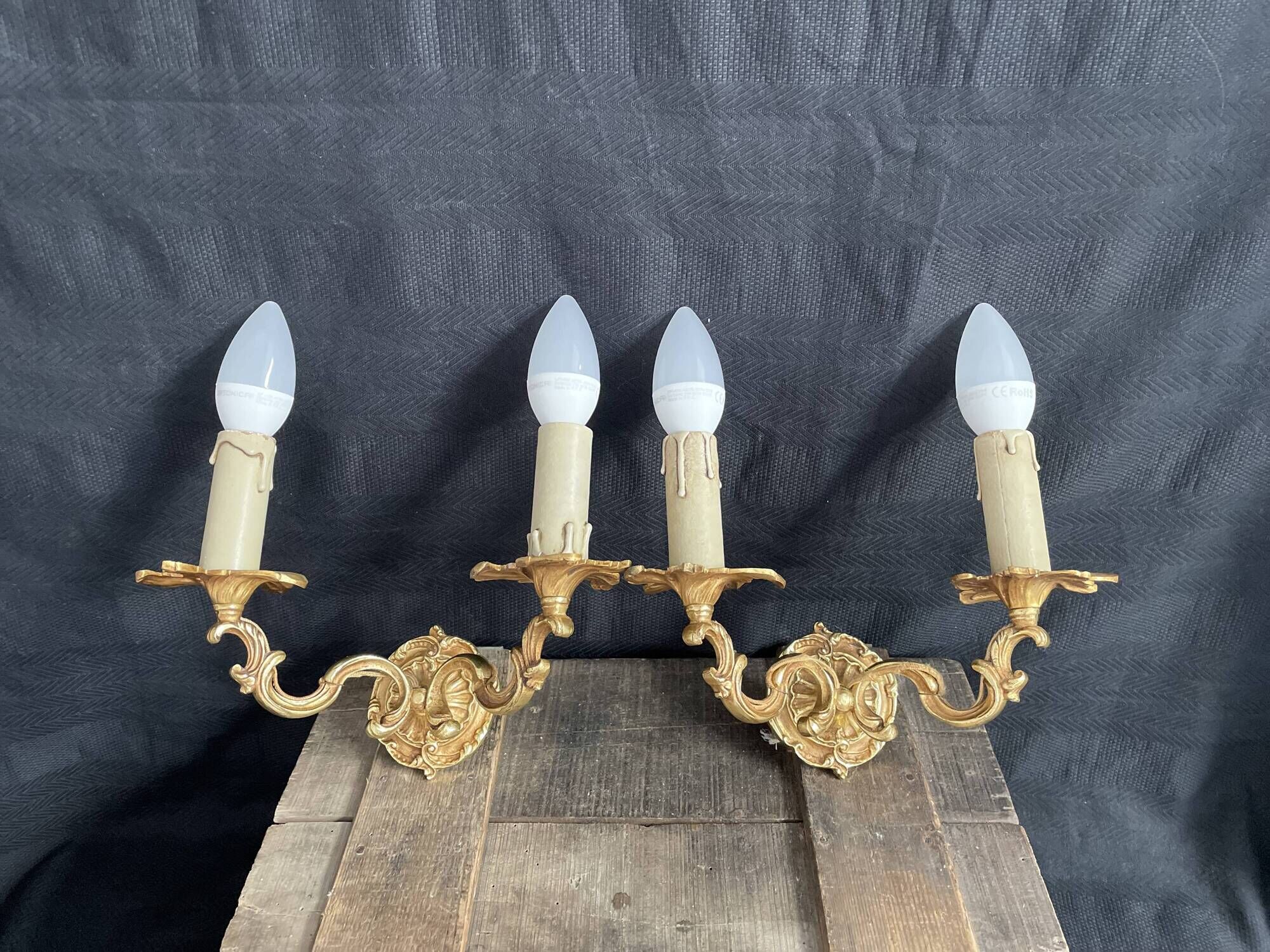 Pair of antique wall lamps in gilded metal - two lights - early XXth
