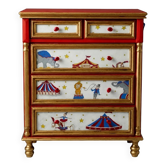Commode vintage de cirque | Coffre à tiroirs peint à la main sur le thème du cirque | Mobilier de chambre ou de nursery rouge et or de cirque