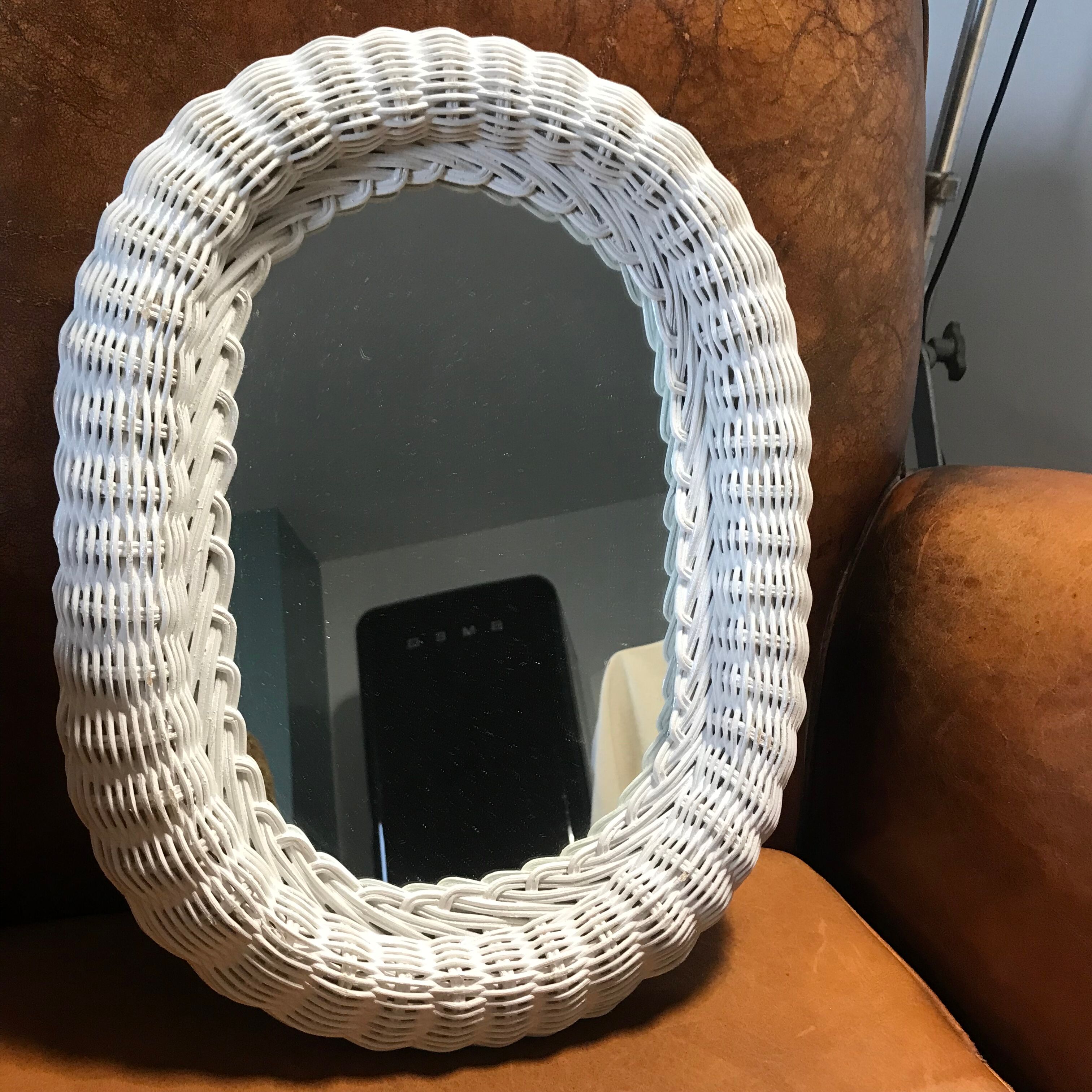 Oval mirror in vintage white woven wicker 1970