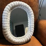 Oval mirror in vintage white woven wicker 1970