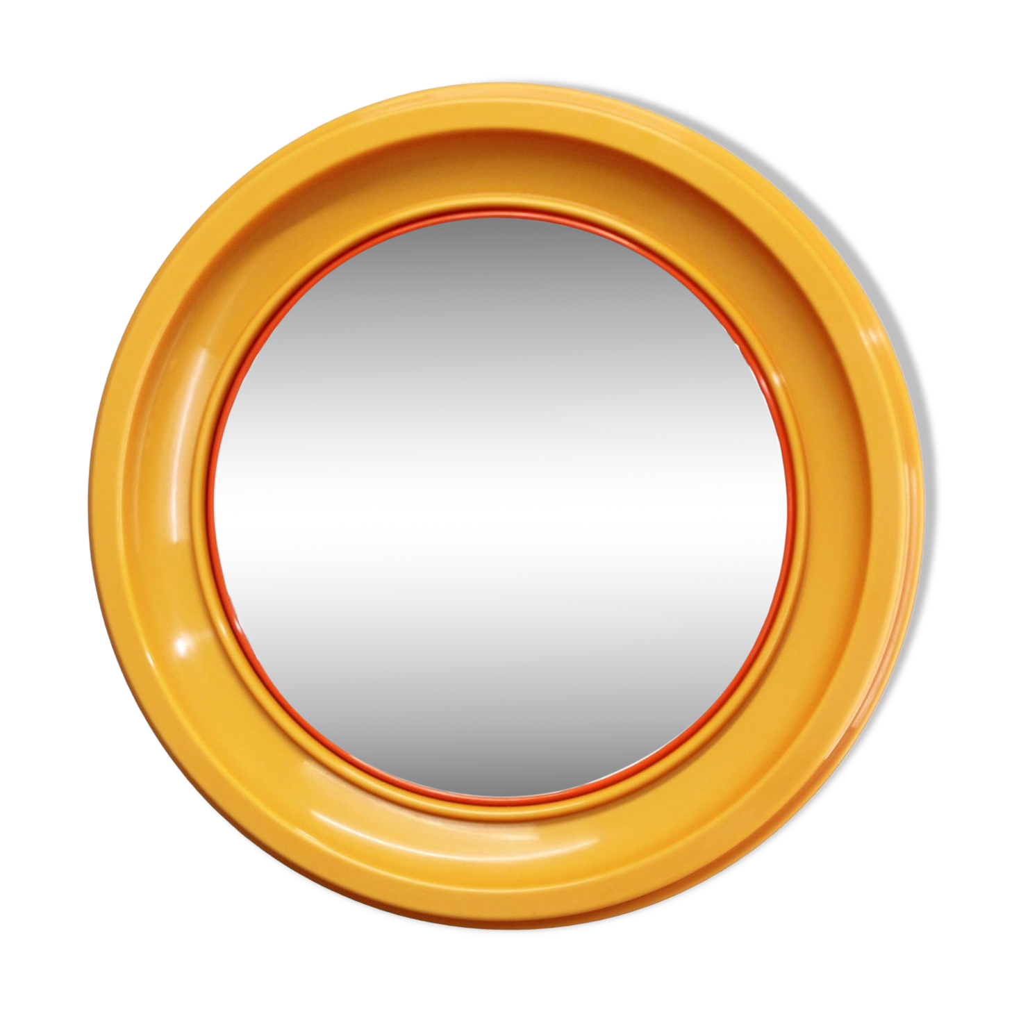 Miroir rond italien des années 1970 de la marque Salc, avec cadre en plastique jaune orangé.