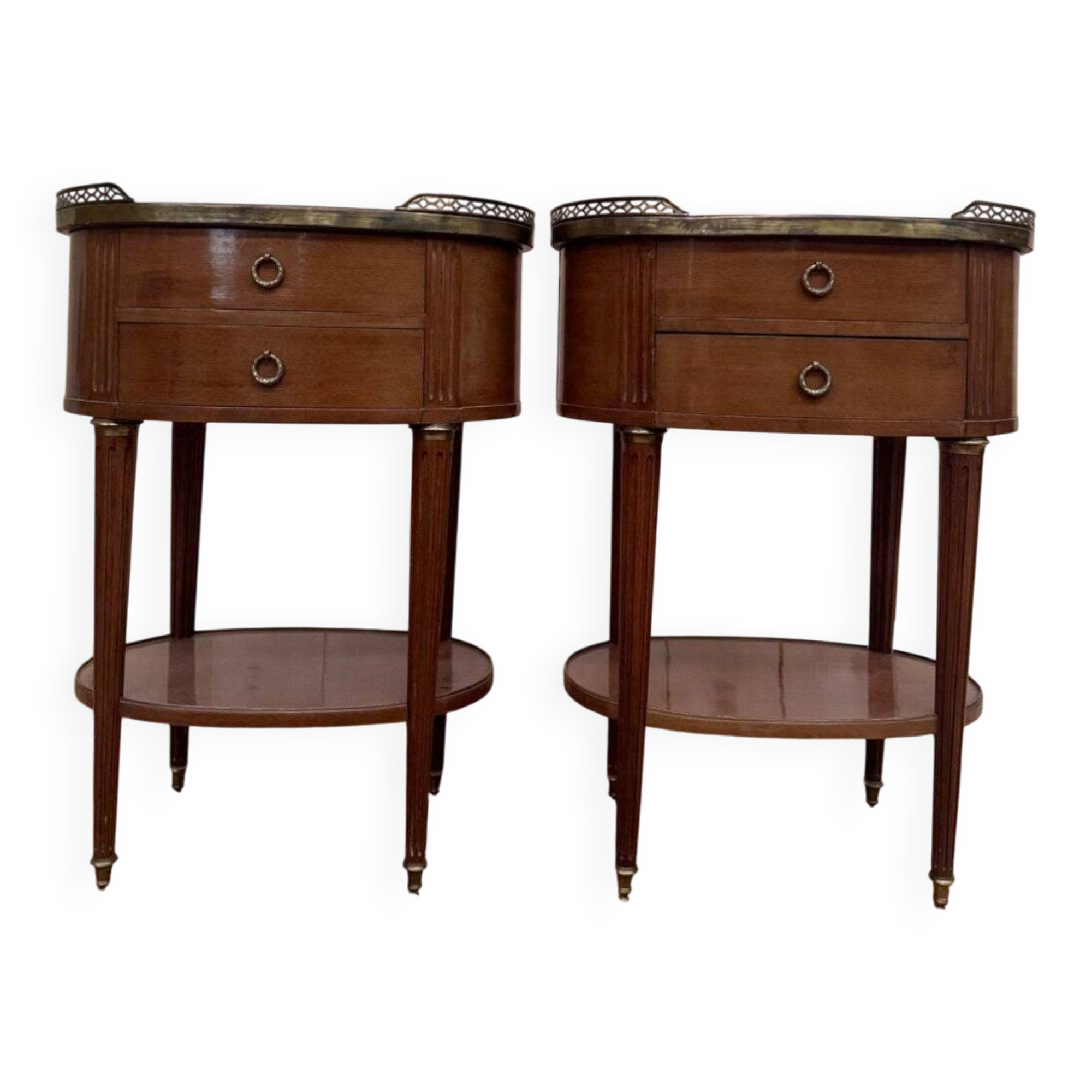 Pair of Louis XVI drum bedside tables in solid mahogany and marble.