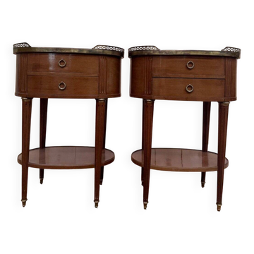 Pair of Louis XVI drum bedside tables in solid mahogany and marble.