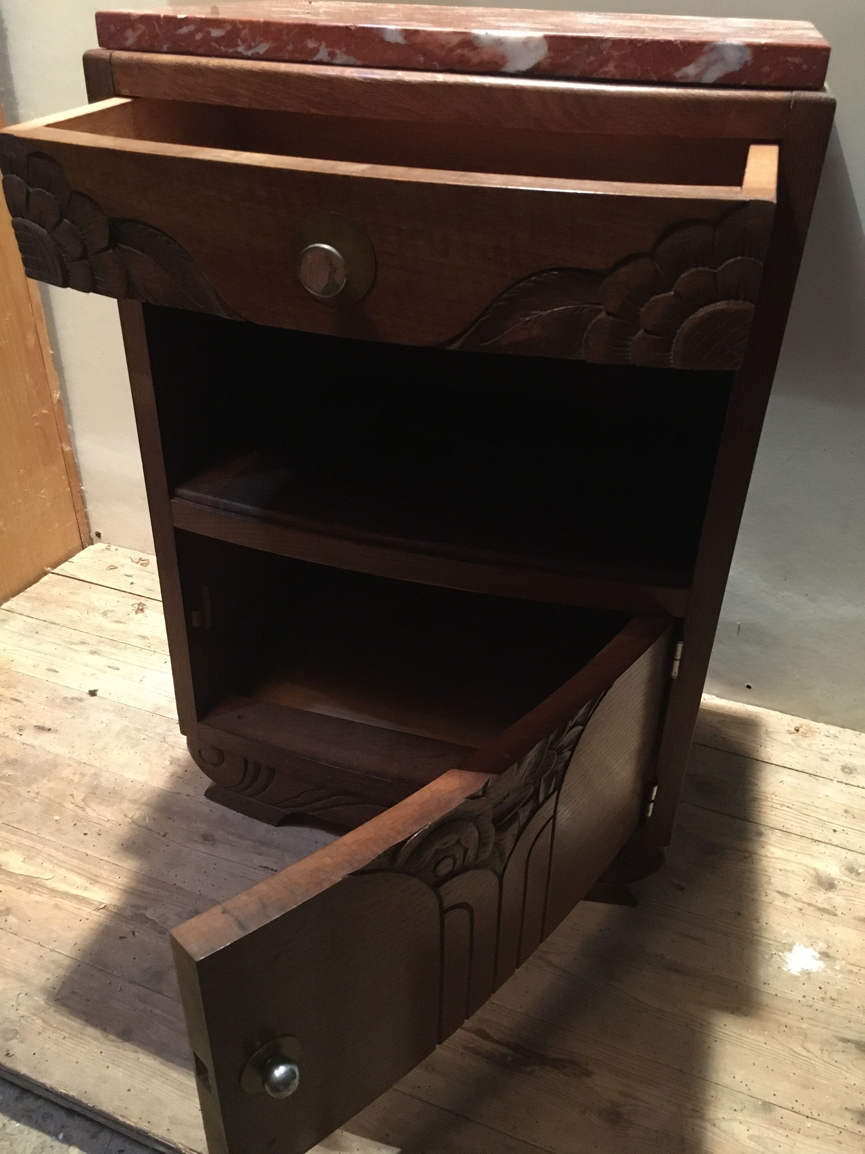 Solid oak bedside table with brown and white marble.