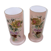 Pair of 1900 vases in pink opaline enamelled