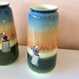 Pair of enamelled sandstone vases