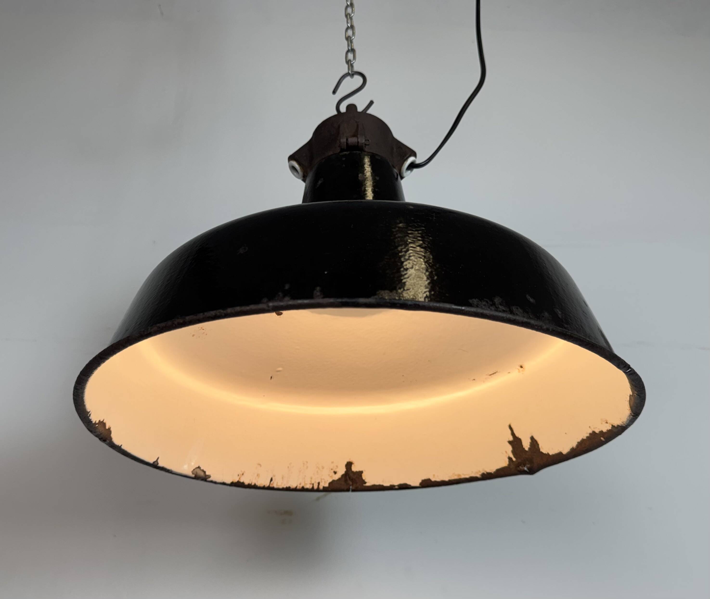 Industrial Black Enamel Factory Lamp with Cast Iron Top, 1950s