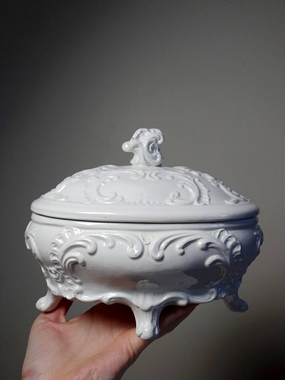 Vintage Baroque style white Italian earthenware candy dish