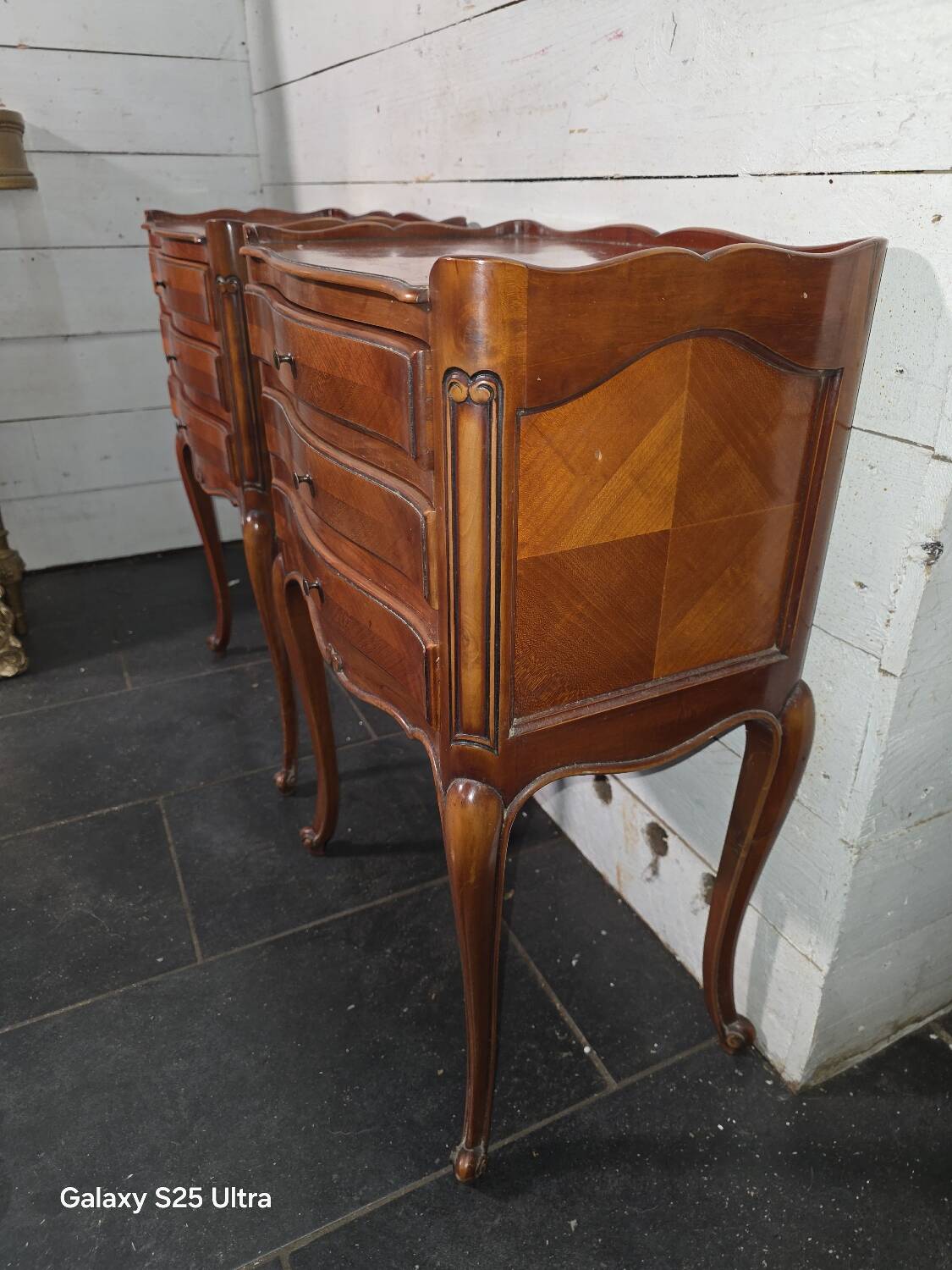 Pair of Louis XV style bedside tables in cherry wood marquetry.