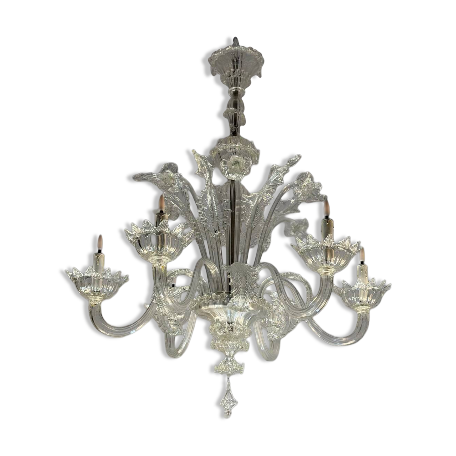 Venetian chandelier in Murano glass, 6 light arms, new electrification, circa 1930.