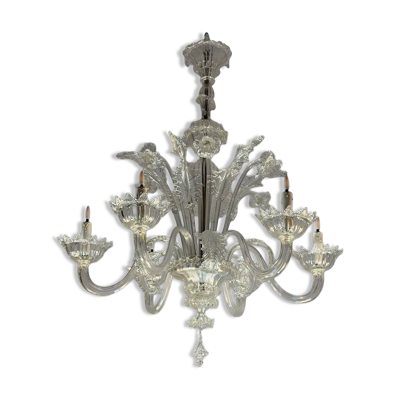 Lustre vénitien en verre de Murano, 6 bras de lumière, nouvelle électrification, vers 1930