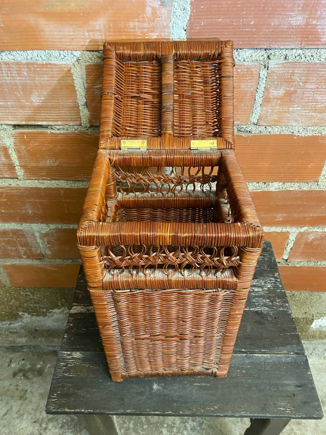 Antique basket, tall wicker woven bread basket, vintage laundry basket
