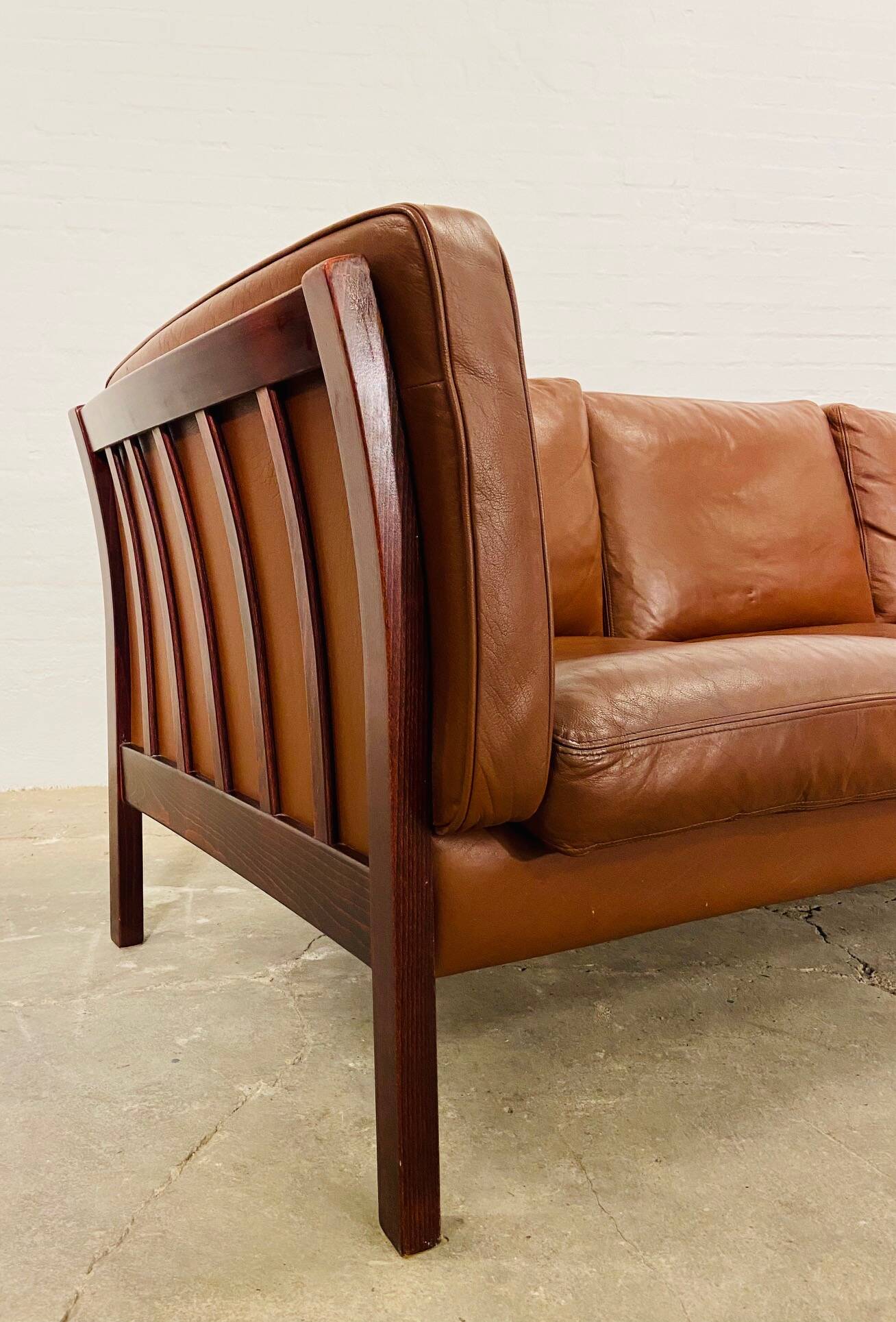 Vintage danish stouby dark cognac leather and rose stained beechwood frame 3 seater sofa
