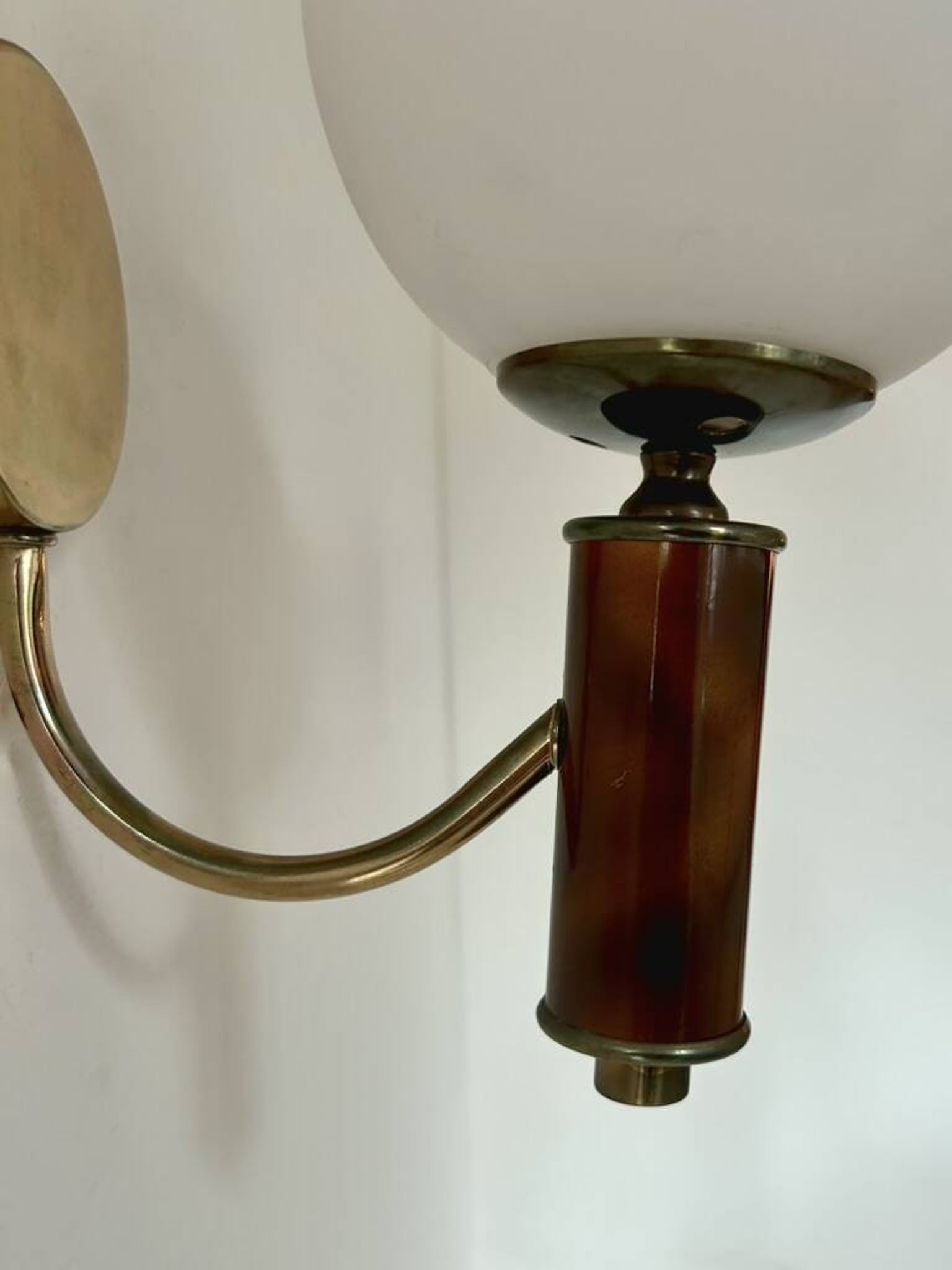 Vintage wooden, brass, and opaline wall light, France, 1970.