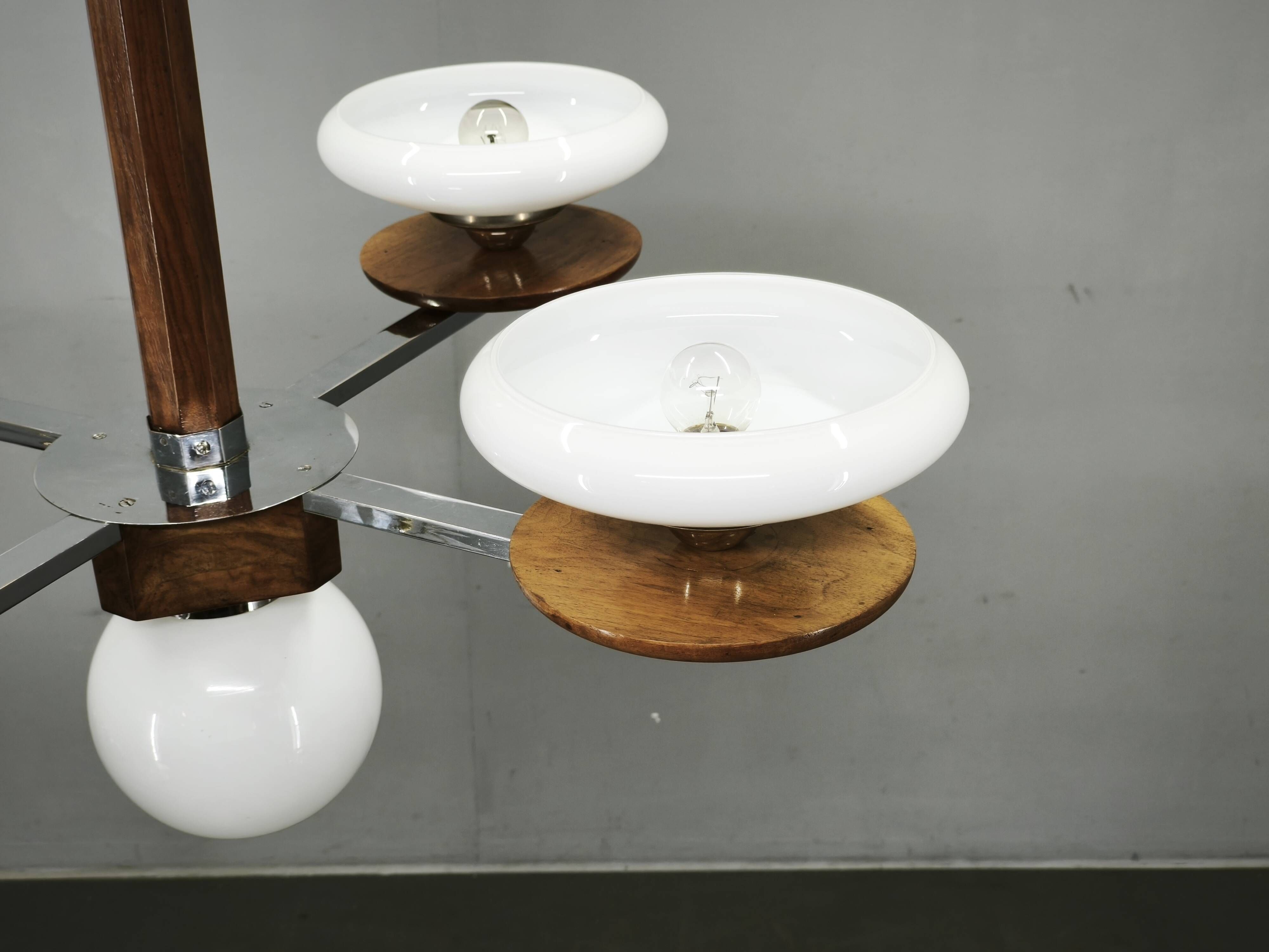 Czech Art Deco Walnut, Chrome and Opaline Glass Chandelier, 1930s