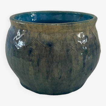 Blue enameled plant pot