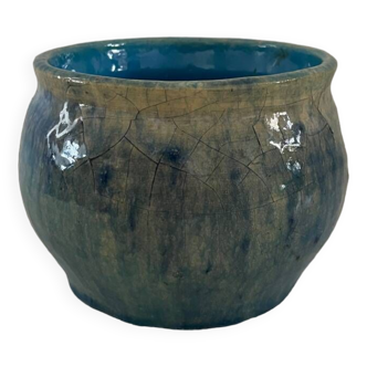 Blue enameled plant pot