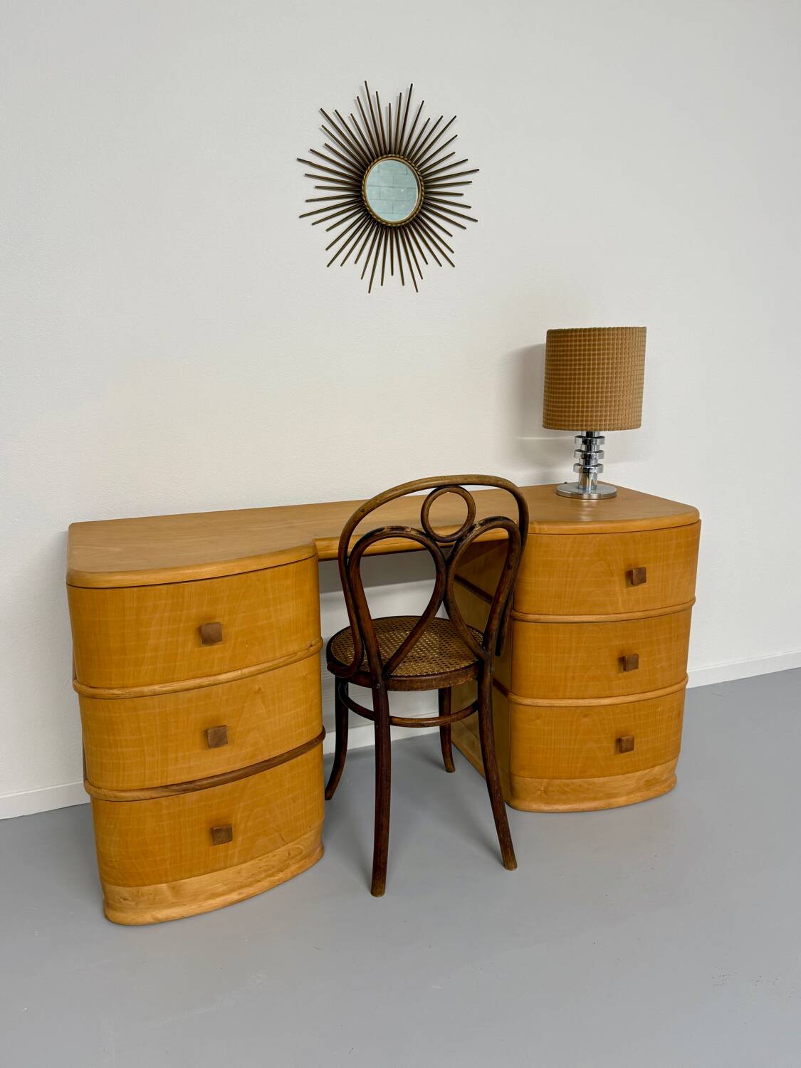 Old beech desk in art deco style with drawer, vintage 60s