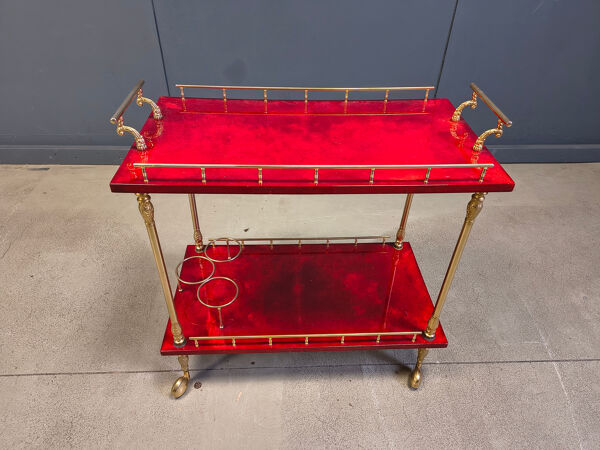 Rare chariot de service en peau de chèvre laquée italienne / parchemin par Aldo Tura, années 1960.