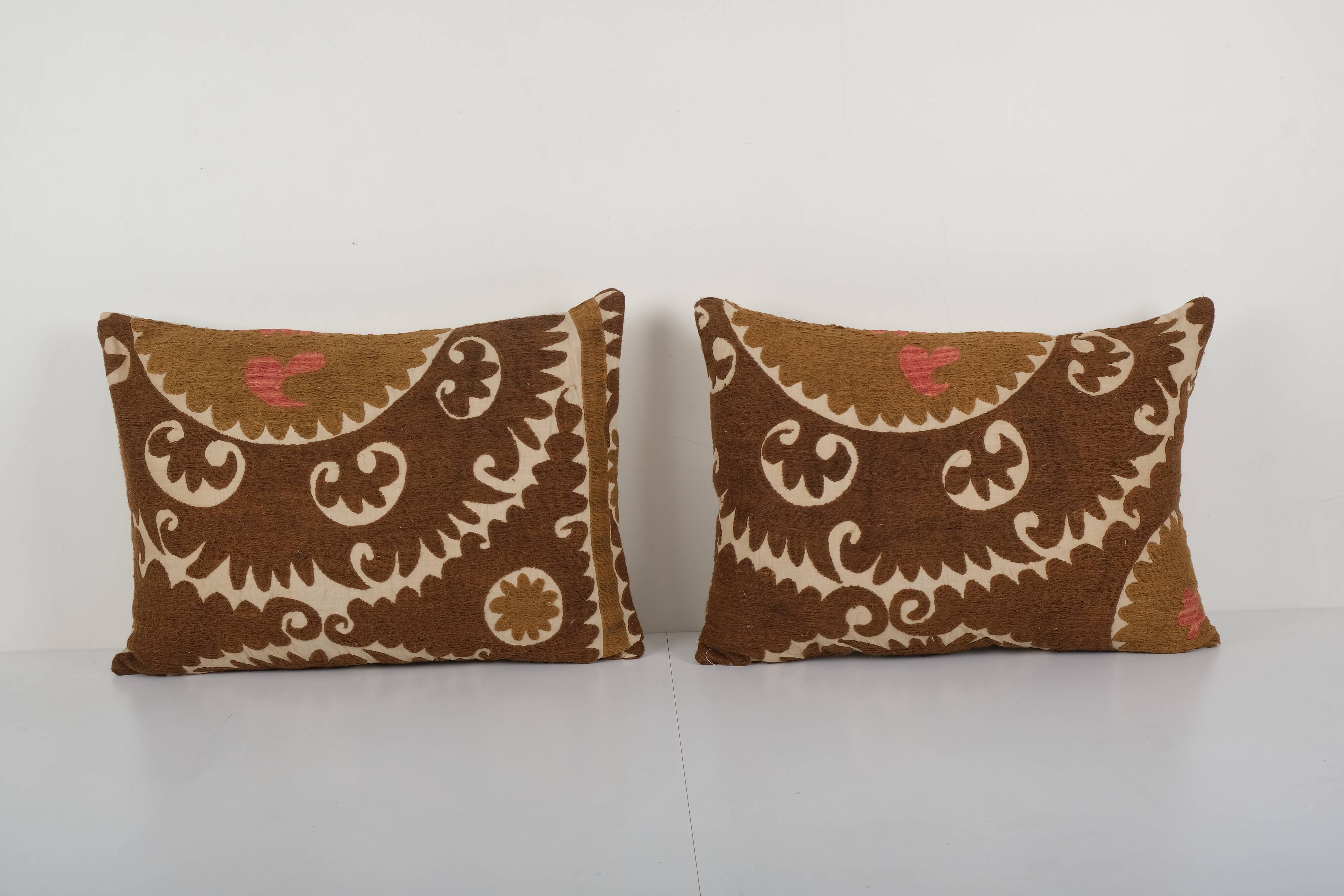 Uzbek faded brown suzani cushion cover, set of two suzani pillow case made from a 19th century suzan
