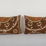 Uzbek faded brown suzani cushion cover, set of two suzani pillow case made from a 19th century suzan