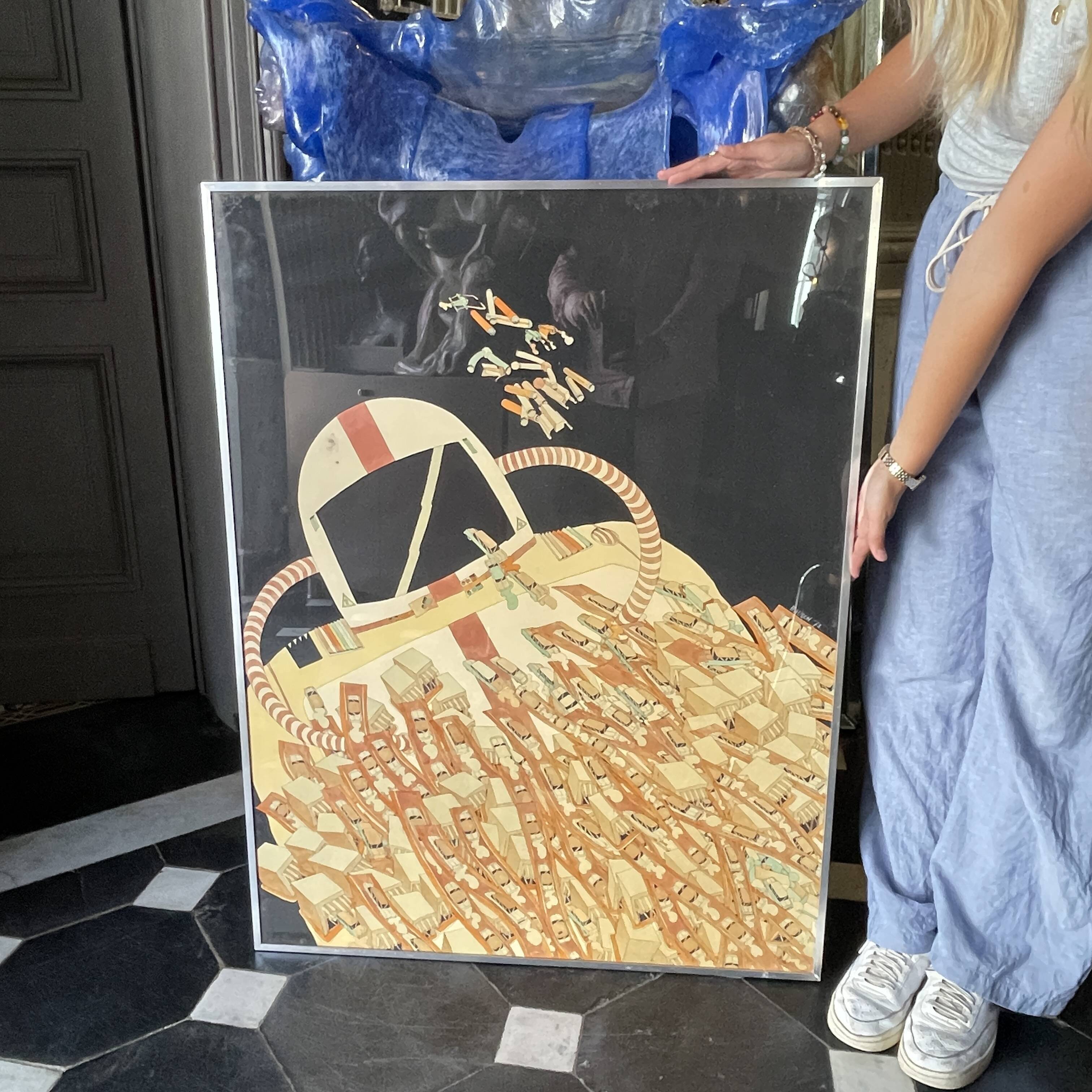 Pop Art painting, mixed technique on paper, Fernand Flausch, 1973