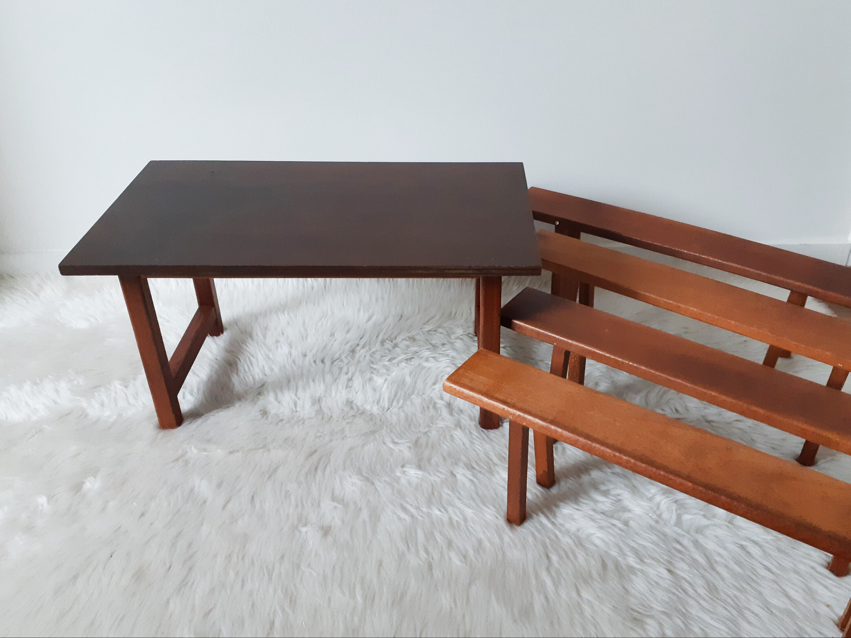 Vintage doll table and chairs, wooden, living room Dejou doll