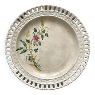 Openwork plate in fine, opaque Lunéville earthenware, flower painting dated 1887