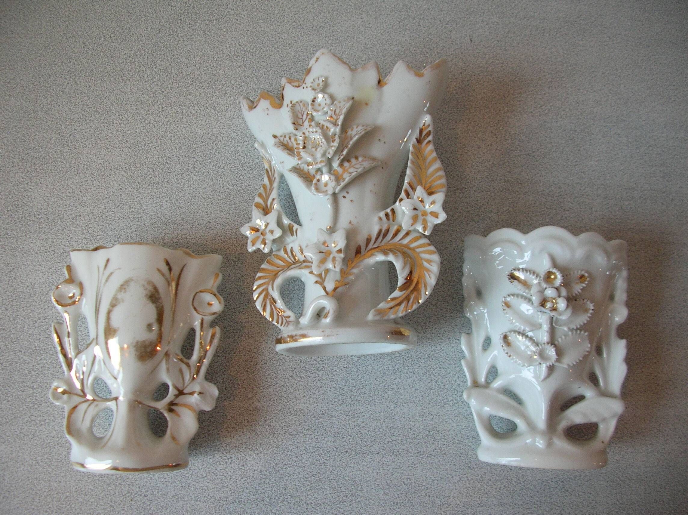 Set of 3 old small wedding communion baptism vases in white gold porcelain