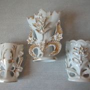 Set of 3 old small wedding communion baptism vases in white gold porcelain