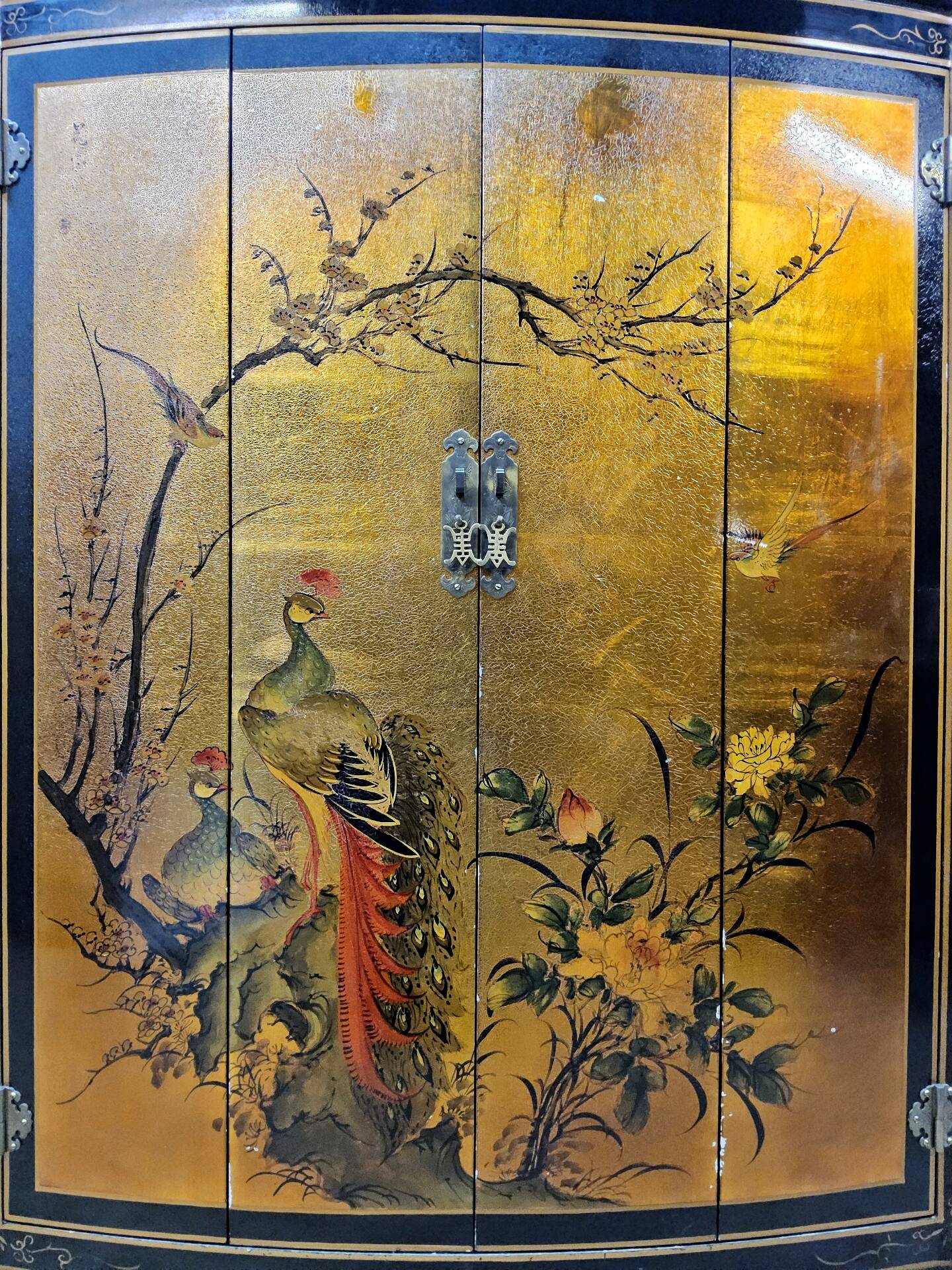 Vintage Chinese cabinet with gold leaf, flowers and peacock/ bohemian
