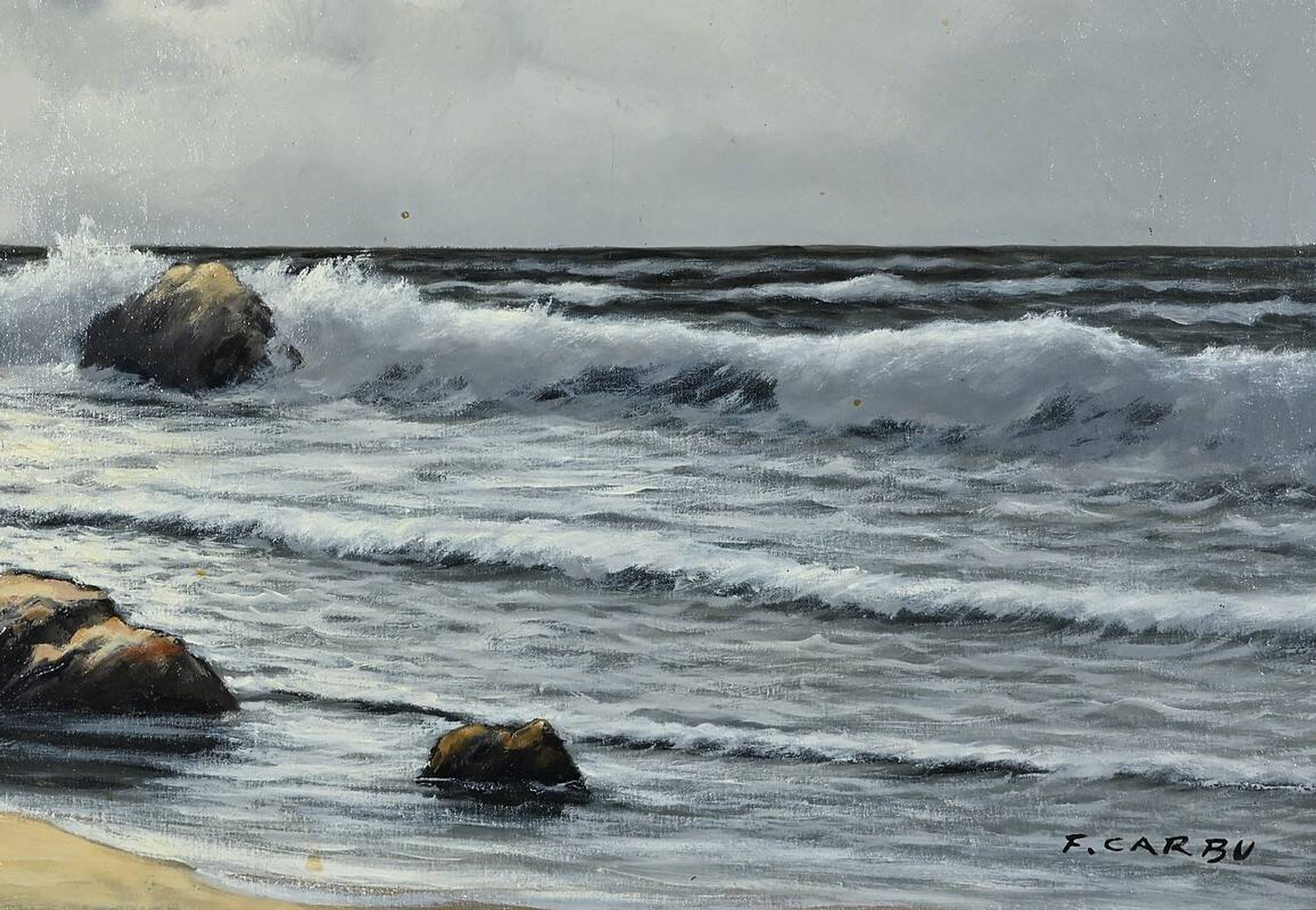 Large Oil on Marine Canvas signed F. Carbu – 20th