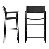 Tabourets de bar contemporains faits à la main avec dossier en cuir noir, caoutchouc noir et métal