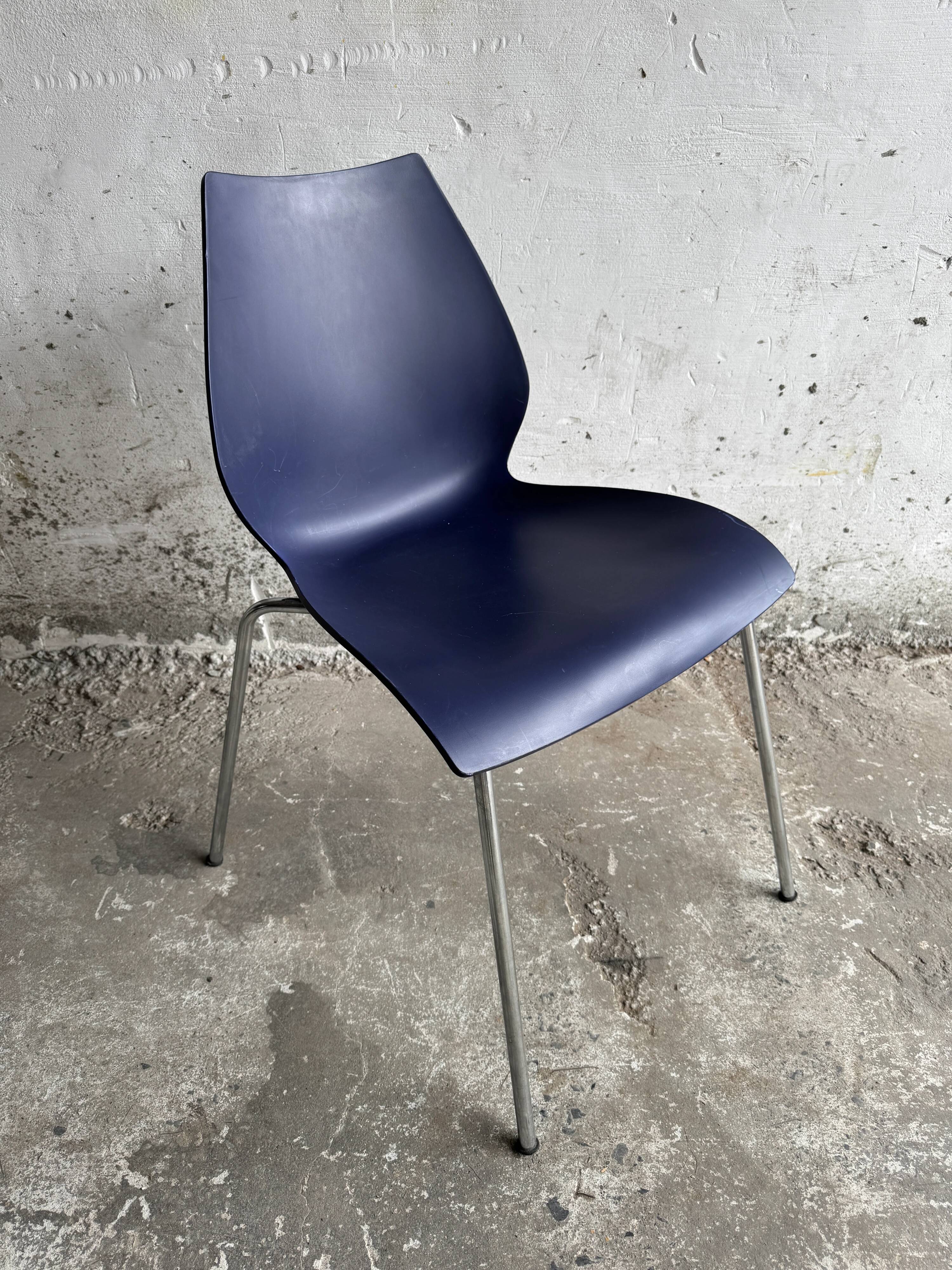 Set of 4 Kartell Maui Chairs — Navy Blue Polypropylene Seats, Chrome Legs, by Vico Magistretti