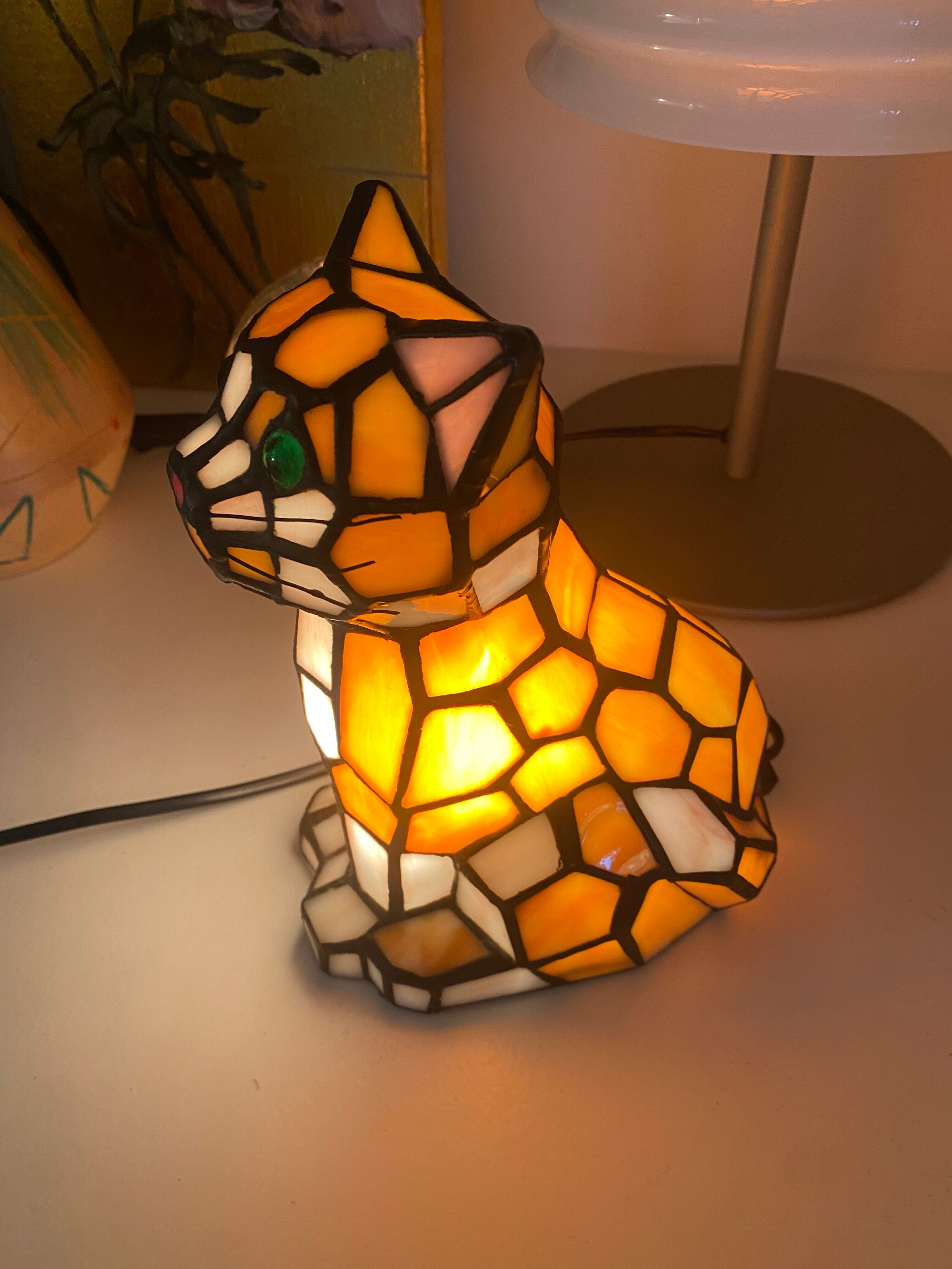 Vintage cat lamp in glass and metal