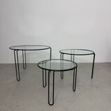 Set of 3 Minimalist Wire and Glass Nesting Tables, 1970s - 1980s