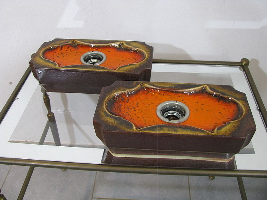 Set of 2 German Orange Lava Ceramic Wall Lamps from the 1960s / 70s Pan Keramik