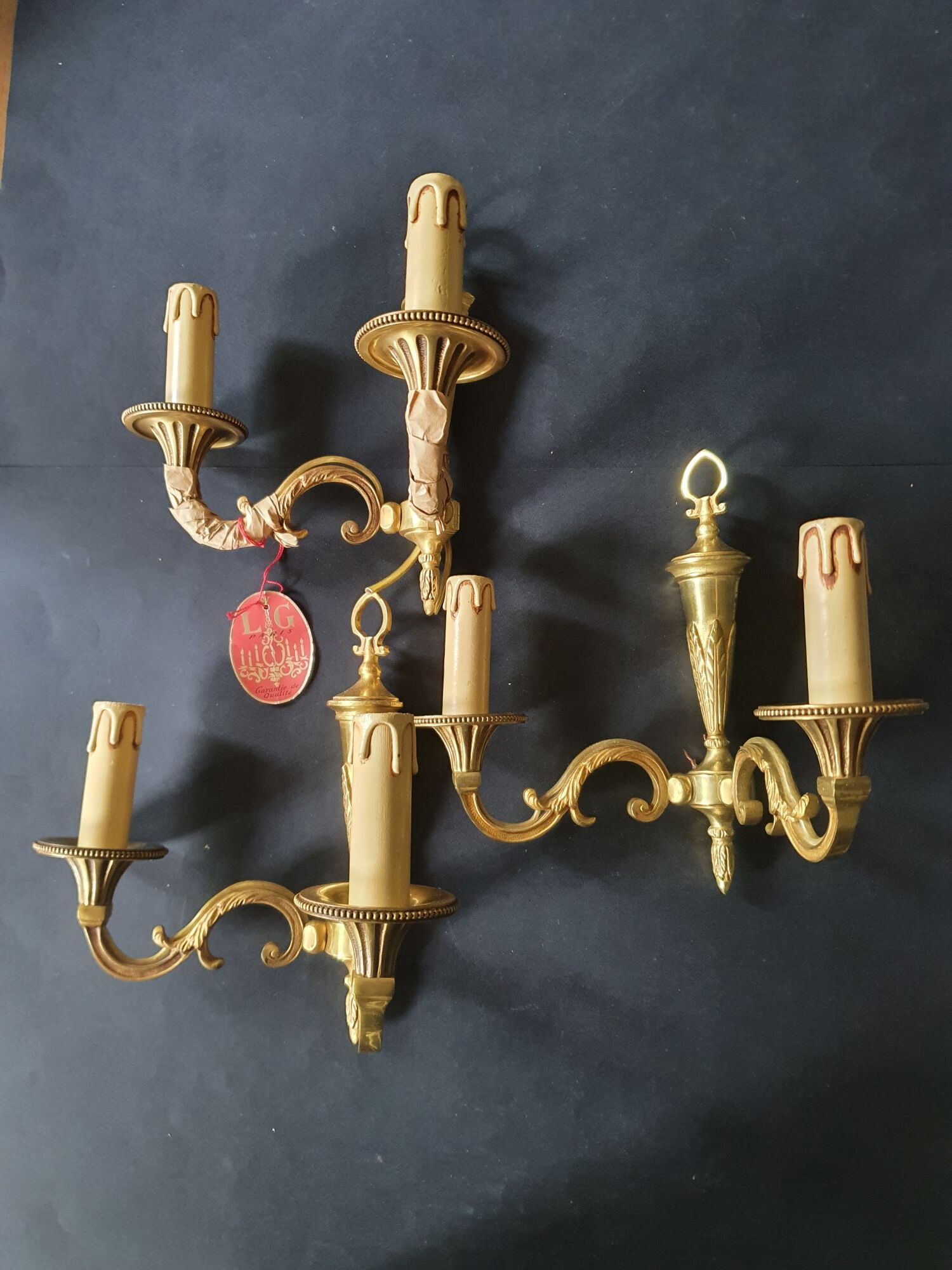 Three Louis XVI bronze wall sconces Lucien Gau Paris vintage