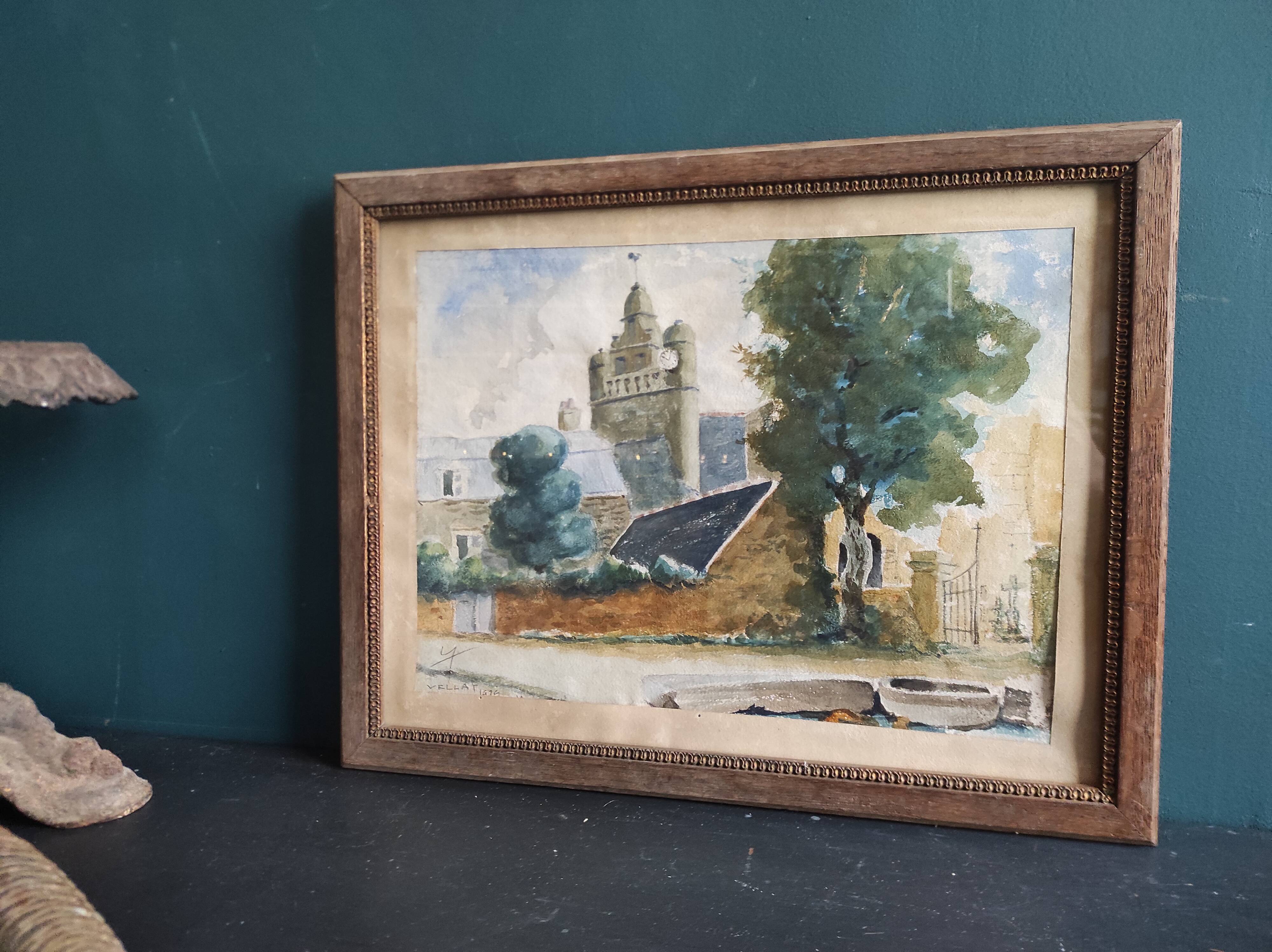 Vintage French watercolour of a village with a church, signed Vellat, from 1929  View on Etsy Copy