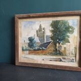 Aquarelle française d'un village avec une église, signée Vellat, 1929
